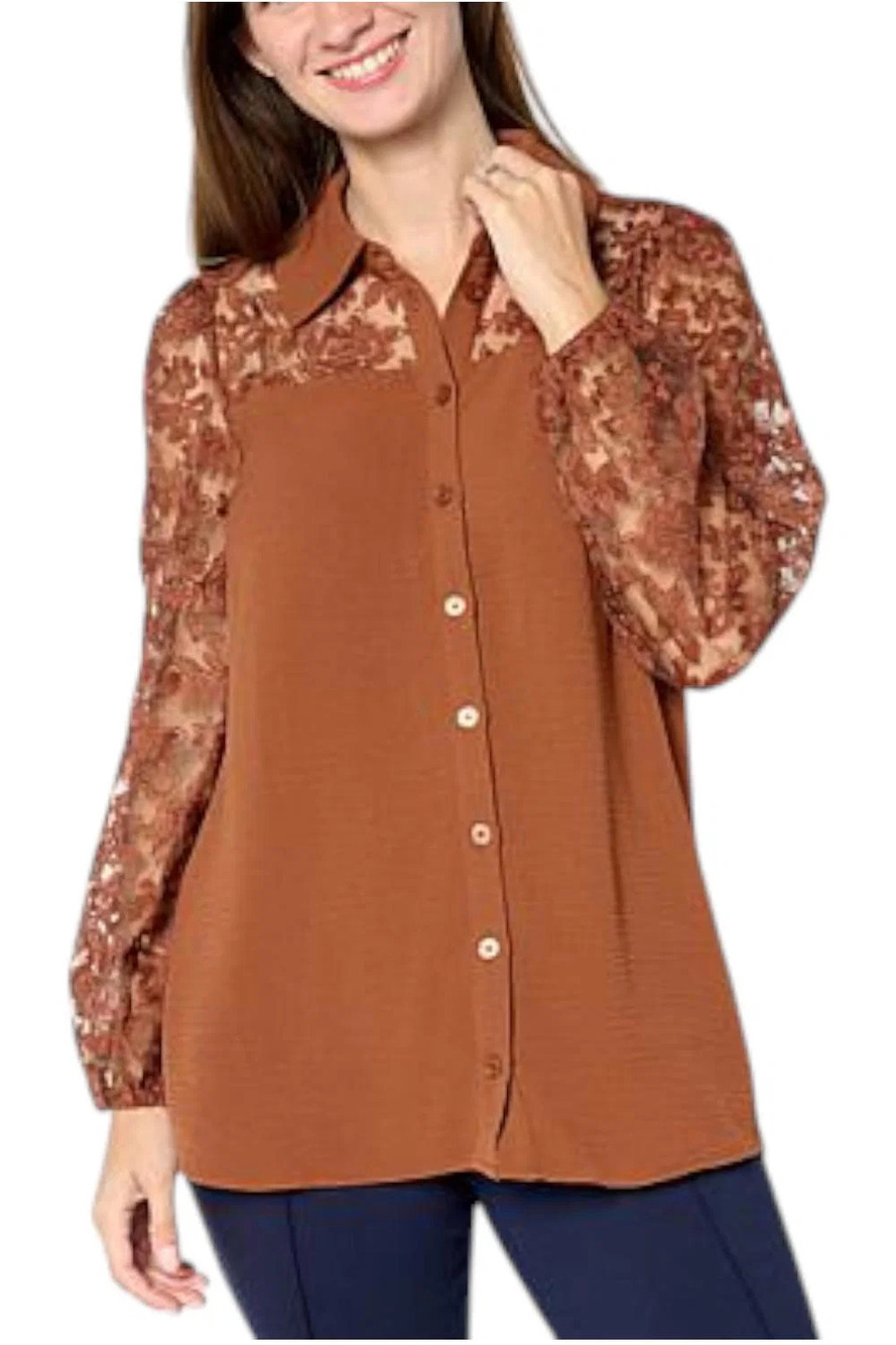 Nina Leonard Women's Textured Wave & Embroidered Mesh Top Burnt Toffee - Plus